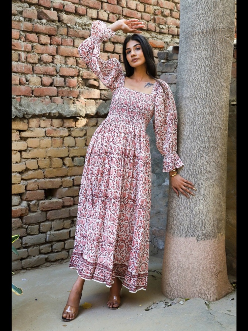Karni Smocked Block Print Cotton Floral Dress Pink Long Sleeve size Medium